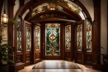 A Grand Entrance With Double Doors Featuring Stained Glass, Adding An Elegant Touch To A Timeless Architectural Masterpiece.