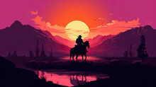 Silhouette Of Cowboy Man Riding Horse At Sunset In Desert Canyon Of Arizona, In Style Of Orange And Red