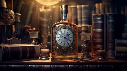 Wall Mural - A whisky bottle with a label that incorporates elements of a vintage clock face, suggesting timelessness, set against a backdrop of old books and clocks.
