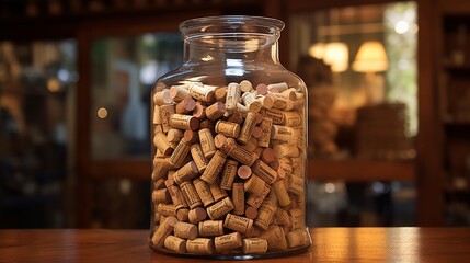 Wall Mural - A wine cork collection in a glass jar, with a background of oak barrels stacked to the ceiling.