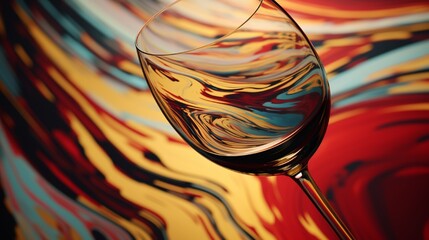 Wall Mural - A wine glass reflecting an abstract painting, the colors distorted through the wine's curve, with no discernible shapes.