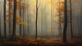 Fototapeta Natura - A foggy and mysterious forest with tall trees disappearing into the mist, creating an ethereal and atmospheric woodland setting