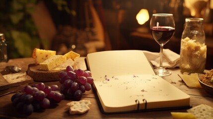 Wall Mural - A wine tasting setup with a notepad, a variety of cheeses, and a cluster of grapes, all untouched.