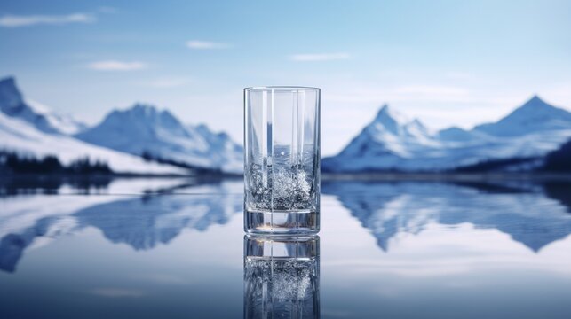Crystal-clear vodka in a sleek, modern glass, against a backdrop of a snowy Russian landscape. Subtle reflections in the glass.