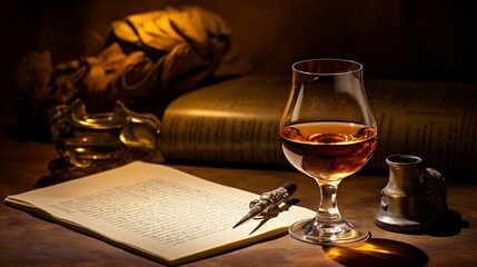 Wall Mural - Whisky tasting notes written elegantly on parchment, with a quill pen and a glass of whisky beside it.