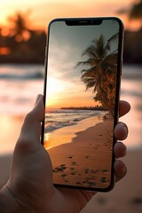 Wall Mural - closeup shot of person holding mobile phone in hand and taking photo of beautiful sunset over sea, nature photography with smartphone camera