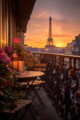 terrace or balcony with Eiffel tower view at sunset, romantic vacation at Paris