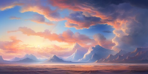 Wall Mural - beautiful dramatic sunset over desert, cloudy sky and rocky mountains