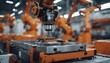 Orange Robotic arm manufacturing Electric vehicle battery at a giga factory