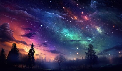 Sticker - beautiful starry night sky with nebulas and stars over forest, beauty at nature