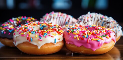 Poster - colorful sprinkled donuts on a table,