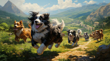 A Group Of Dog And Cat Running In The Summer Through The Green Valley
