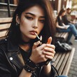 Young woman sitting in the park smoking cannabis weed in public. Marijuana ganja joint cigarette. Colorado. Amsterdam. Holland. Netherlands. Legalization. 420. CSC. Patient lighting up. Generative AI