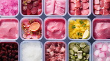 Top view of plastic rectangular open containers of ready-to-eat or convenience foods. Useful daily rations to order food, delivery of ready meals on blue background.