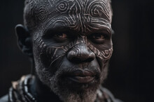 Contemplative Tribal Old Man With Scarification. Generative AI