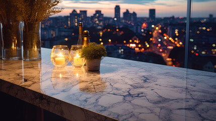 Poster - A kitchen countertop with a marble pattern and a view of a quiet evening city