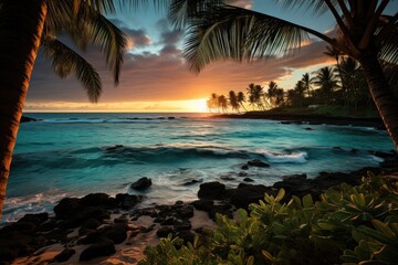 Poster - A stunning and serene moment captured as the sun sets over the ocean, casting warm, golden hues on the tranquil water and silhouetting the graceful palm trees.