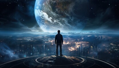 Wall Mural - man standing on the earth looking at earth from space