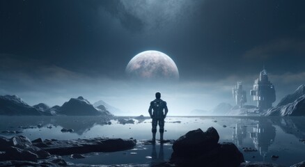 Wall Mural - one man looks out over his spacecraft and other planets