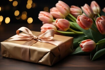 Poster - A present box wrapped with a bow, accompanied by a vibrant bouquet of tulips in Mother's Day