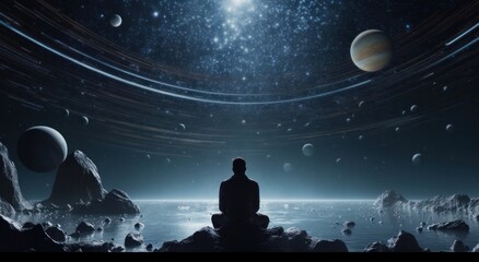 Wall Mural - one man looks out over his spacecraft and other planets
