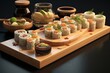 Sushi Set on wooden plate with soy sauce and wasabi