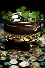 Canvas Print - A bowl filled with coins and a plant on top of the coin pile, AI