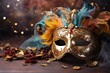 Festive venetian carnival mask on gray background, new year celebration