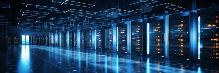 Visually captivating modern data center with state of the art server racks emitting a soft blue glow