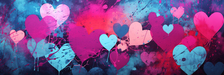 Wall Mural - Abstract colorful wall scribble hearts pattern background banner, street art graffiti texture. Panoramic web header with copy space. Wide screen wallpaper