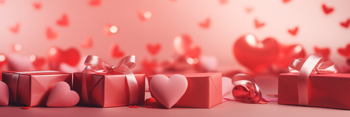 Wall Mural - Valentine's Day banner with gift boxes and hearts on blurred background. Panoramic web header. Wide screen wallpaper