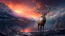 Composite Image Of Red Deer Stag In Beautiful Alpen Glow Hitting Mountain Peaks In Scottish Highlands During Stunning Winter Landscape Sunrise