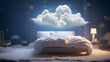 3D rendering of a cozy bed over fluffy clouds at night