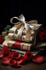 Canvas Print - A stack of books with a ribbon tied around them and red roses, AI