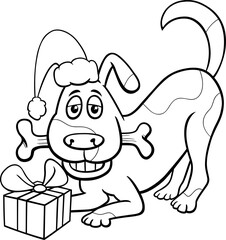 Canvas Print - cartoon dog with gift and dog bone on Christmas coloring page