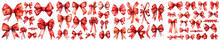 A large collection of watercolor red bows and ribbon. Decorations and watercolor-painted design elements. Large and small festive bright bows.