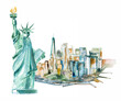 New York City landscape and Statue of Liberty. Watercolor cityscape painting. USA travel concept clipart.