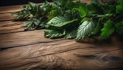 Poster -  a bunch of green leaves sitting on top of a wooden table next to a vase with flowers on top of it.