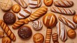 Various bakery products handmade on beige background. Creative layout with bread, buns, croissant, bread loaves and pretzels. Flat Modern minimal food photography.