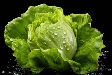 Wall Mural - Fresh and Healthy Lettuce - Raw Vegetable Food Ingredient Closeup, Isolated on a Wet Green Background