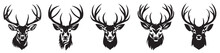 Set Of Deer Heads With Horns, Black And White Heads Of Forest Animals, Decoration Of Room, Home, Wall Vector Illustration