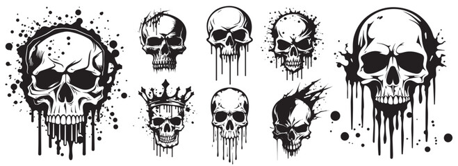 Wall Mural - Set of human skulls, black and white human heads, scary creepy horror decoration, vector illustration