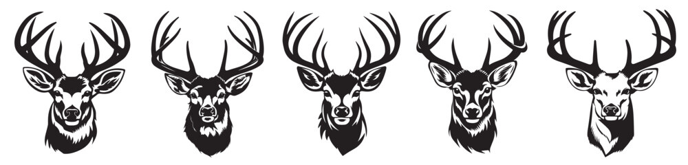 Wall Mural - Set of deer heads with horns, black and white heads of forest animals, decoration of room, home, wall vector illustration