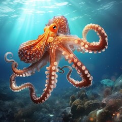 Wall Mural -  an octopus is swimming in the ocean with sunlight coming through the water's bubbles and shining on the water's surface.