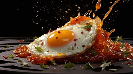 Poster -  a fried egg on top of a pile of ketchup on a black plate with a splash of orange juice.