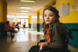 Retrato de niña en silla de ruedas en el pasillo de la escuela con compañeros de clase