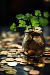 Canvas Print - A jar filled with coins and a plant growing out of it, AI