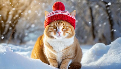 Wall Mural - a cute ginger cat in a red knitted hat sits in the snow snowy winter background concept of pets family members