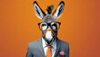 stylish portrait of dressed up imposing anthropomorphic donkey wearing glasses and suit on vibrant orange background with copy space funny pop art illustration