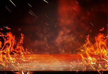 Poster - wooden table with burning Fire sparks